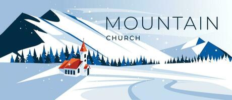 Catholic traditional church in the middle of a winter mountain valley. Snow meadow. Landscape of the cold Christmas season. Vector flat illustration