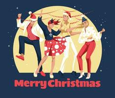 personas son festivamente vestido, bailando y celebrando Navidad, nuevo año. oscuro y nieve noche antecedentes. evento fiesta. vector plano ilustración