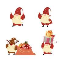 Set of gnomes character with red santa and reindeer suit celebrating for Christmas flat vector illustration isolated on white background. Merry Christmas and Happy New Year.