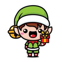 Cute And Kawaii Christmas Elf With Gift Box vector