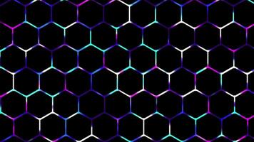 färgrik 2d lysande digital teknologi hexagonal maska bakgrund, lysande neon ljus gaming bakgrund video