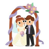 Vector illustration with bride and groom. Cute just married couple. Wedding ceremony icon. Cartoon marriage scene with husband and wife standing under the decorated arch