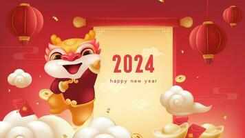 Spring Festival background design a lovely dragon and New Year scroll vector