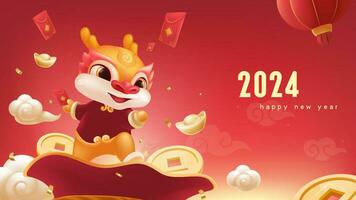 Spring Festival background design a cute dragon standing on a lucky bag holding a red envelope vector