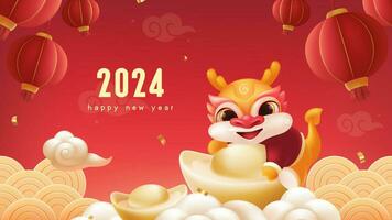 Spring Festival background design a lovely dragon holding a gold ingot vector