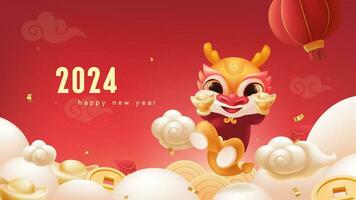 Spring Festival background design a lovely dragon holding gold ingot in both hands vector