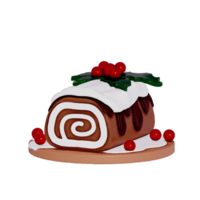 Christmas Dessert 3D , a delicious yule log cake, with chocolate frosting on Transparent background . 3D Rendering png