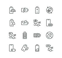 Set of batteries related icons, car charge, recycle, voltage, phone battery charging, battery life time and linear variety vectors. vector