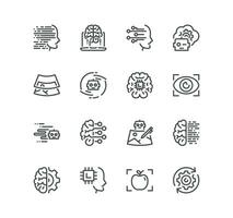 Set of artificial intelligence related icons, machine learning, smart robotic, thinking machine, humanoid robot, face recognition, ai technology possibilities and linear variety vectors. vector