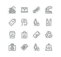 Set of garbage related icons, aluminium, cardboard, organic waste, recycle plant, plastic and linear variety vectors. vector