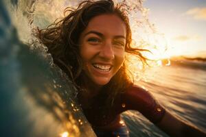 cerca arriba cara de mujer montando un ola en parte superior un tabla de surf a el mar bokeh estilo antecedentes con generativo ai foto