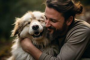 cerca arriba de un hombre abrazando su perro bokeh estilo antecedentes con generativo ai foto