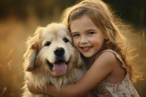 close up of young girl hugging her dog bokeh style background with Generative AI photo