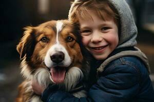 cerca arriba de joven chico abrazando su perro bokeh estilo antecedentes con generativo ai foto