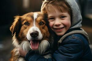 close up of young boy hugging his dog bokeh style background with Generative AI photo