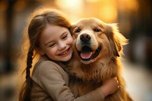 close up of young girl hugging her dog bokeh style background with Generative AI photo
