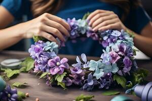 cerca arriba mujer mano arreglando flores en mesa bokeh estilo antecedentes con generativo ai foto