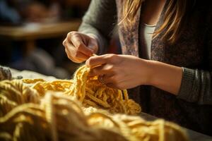 close up of hands making yarn bokeh style background with Generative AI photo