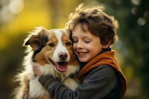 close up of young boy hugging his dog bokeh style background with Generative AI photo