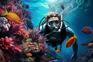 scuba diver diving looking at coral reefs bokeh style background with Generative AI photo