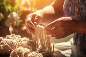 close up of hands touching yarn bokeh style background with Generative AI photo