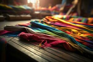 colorful yarn on the table wood  bokeh style background with Generative AI photo