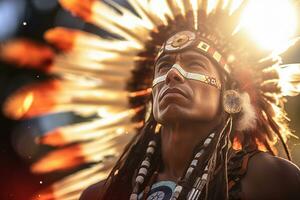 native american man wearing native dress in front of sunset bokeh style background with Generative AI photo