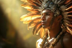 native american man wearing native dress in front of sunset bokeh style background with Generative AI photo