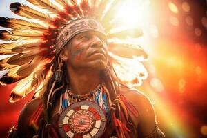 native american man wearing native dress in front of sunset bokeh style background with Generative AI photo