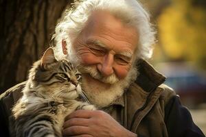 close up of old man hugging his cat bokeh style background with Generative AI photo