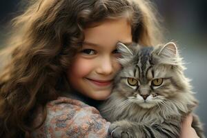 close up of a young girl hugging her cat bokeh style background with Generative AI photo