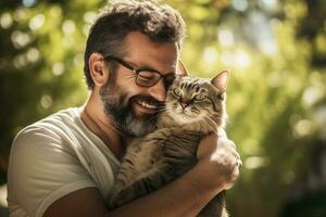 close up of a man hugging his cat bokeh style background with Generative AI photo