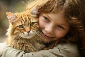close up of a young girl hugging her cat bokeh style background with Generative AI photo