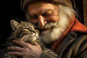 close up of old man hugging his cat bokeh style background with Generative AI photo