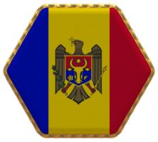 Moldavia bandera en hexágono forma con oro borde, bache textura, 3d representación png