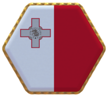 Malta bandera en hexágono forma con oro borde, bache textura, 3d representación png