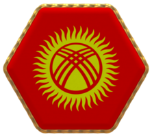 Kirguistán bandera en hexágono forma con oro borde, bache textura, 3d representación png