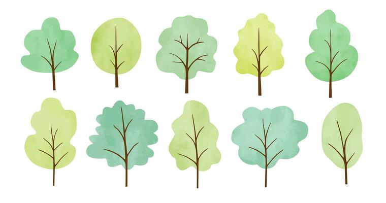 Set of different watercolor trees