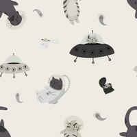 Seamless pattern with various astronaut cats in helmets, spacesuits playing among the stars in space. Vector illustration