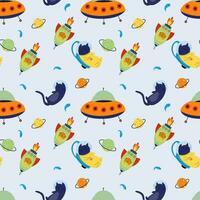 Seamless pattern with various astronaut cats in helmets, spacesuits, playing among the stars in space. Spaceships. Vector illustration