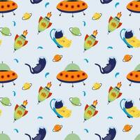 Seamless pattern with various astronaut cats in helmets, spacesuits, playing among the stars in space. Spaceships. Vector illustration