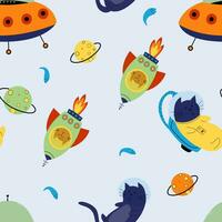 Seamless pattern with various astronaut cats in helmets, spacesuits, playing among the stars in space. Spaceships. Vector illustration