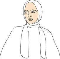 Women portrait in line art illustration. Hijab women's line art. Female portrait in hijab. Muslim lady wears a hijab in line art illustration. vector