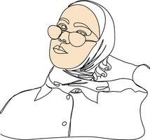Glasses women portrait in line art illustration. Hijab women's line art. Female portrait in hijab. Muslim lady wears a hijab in line art illustration. vector