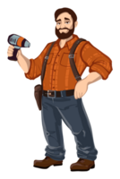 Man with drill in hand, concept art, digital art, full size portrait with screwdriver in hand, in uniform. Charismatic mechanic, illustration, rugged male ranger, full ranger portrait png