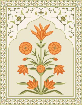 Mughal flower motif. Botanical floral ethnic motif, and Indian mughal flower motif with background.
