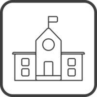School icon in thin line black square frames. png