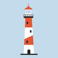 Vector sea lighthouse. Beautiful beacon. Tower on the seashore with white and red stripes, a signal of hope for port ships, a landmark of maritime safety. Blue isolated background.