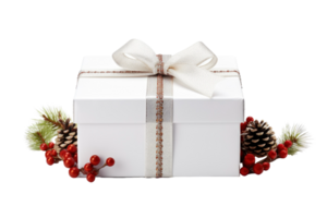 White Christmas gift box with berries and pine cones on transparent background, AI Generative png
