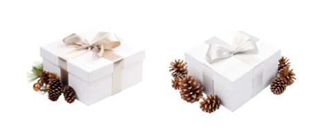 Set of white Christmas gift boxes with berries and pine cones on transparent background, AI Generative png